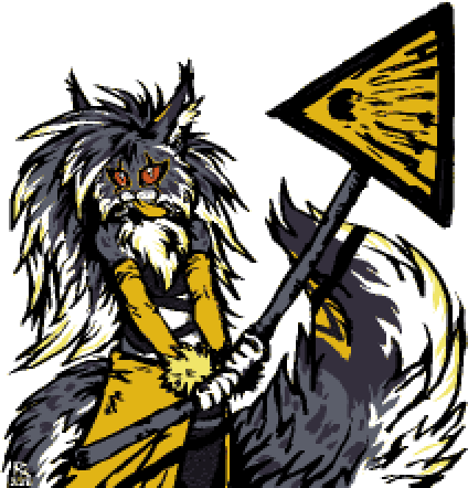 digital halfbody artwork of Latchula in their 'construction cat' mode. they are holding an explosives warning broken street sign with both of their hands. the street sign is slightly bent. latchula is playfully looking at the viewer with their tongue poking out.